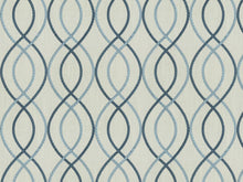 Load image into Gallery viewer, Cotton Poly Ivory Navy French Blue Trellis Embroidered Geometric Drapery Fabric