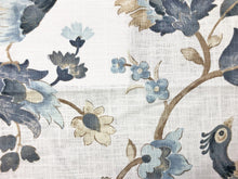 Load image into Gallery viewer, Linen Cotton Off White Steel Grey Blue Brown Taupe Jacobean Floral Bird Print Drapery Fabric