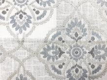 Load image into Gallery viewer, Linen Blend Embroidered Ivory Grey Blue Charcoal Medallion Drapery Fabric / Silver