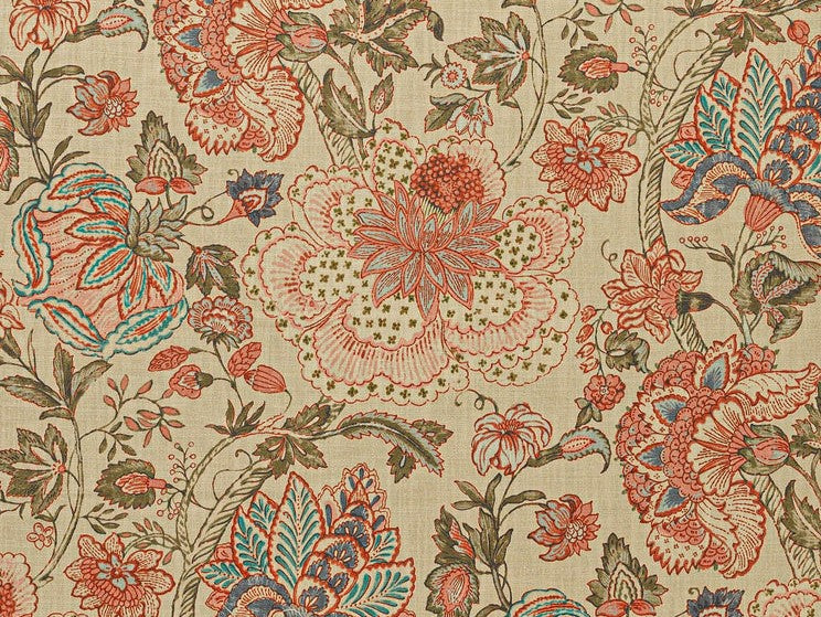 Beige Red Teal Olive Green Charcoal Floral Upholstery Drapery Fabric