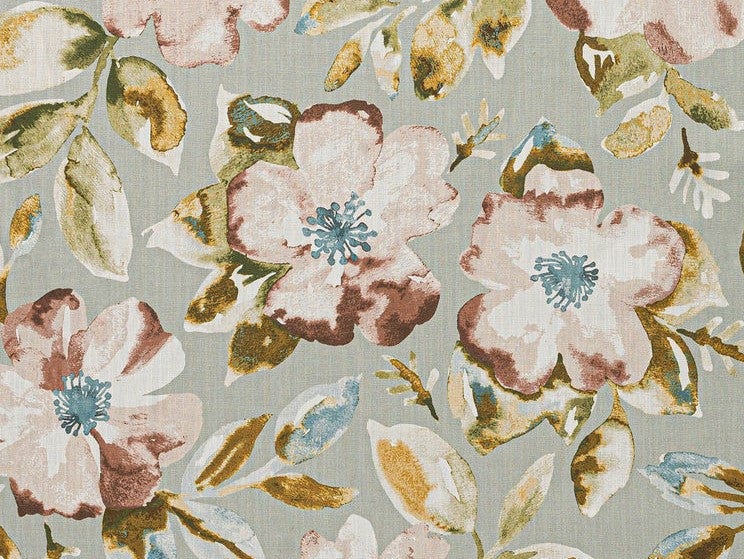 Antique Aqua Seafoam Blue Brown Green Cream Floral Upholstery Drapery Fabric