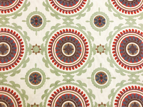 Spice Red Geometric Embroidered Beige Sage Green Rusty Red Grey Brown Ethnic Medallion Drapery Fabric