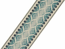 Load image into Gallery viewer, 3.5" Wide Woven Geometric Teal Blue Indigo Beige Drapery Tape Trim