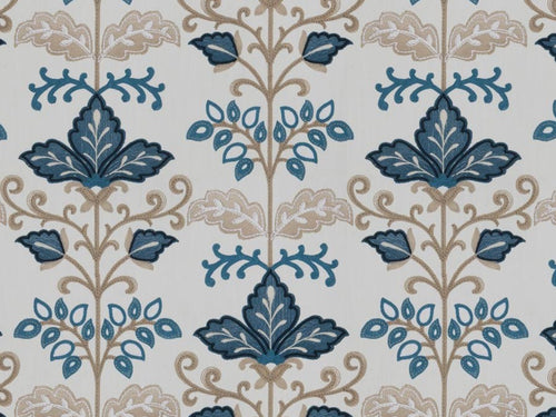 Cream Navy French Blue Taupe Embroidered Floral Upholstery Drapery Fabric