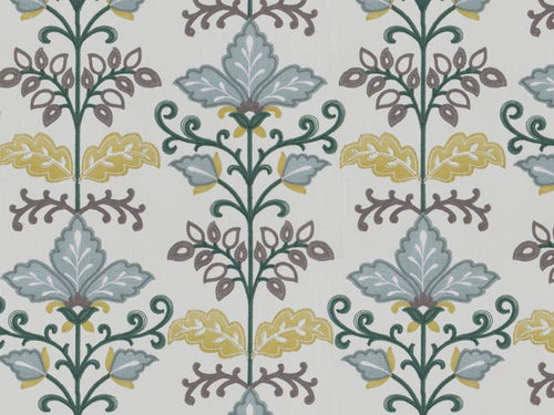 Cream Seafoam Blue Green Mustard Grey Embroidered Floral Upholstery Drapery Fabric