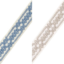 Load image into Gallery viewer, 2.125&quot; Wide Embroidered Blue Ivory Taupe Geometric Drapery Tape Trim
