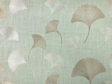 Load image into Gallery viewer, Braemore Textiles Maidenhair Mist Embroidered Ginkgo Leaves Botanical Seafoam Green Beige Linen Viscose Drapery Fabric