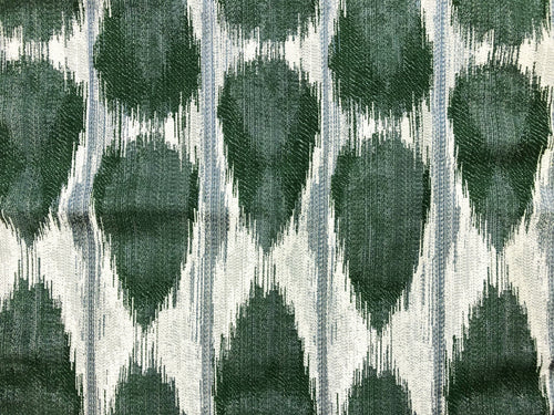 Forest Green Greige Ethnic Abstract Geometric Ikat Upholstery Drapery Fabric