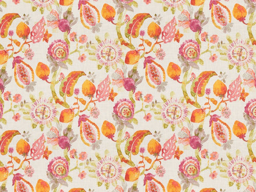 Linen Cotton Floral Ivory Lime Green Orange Pink Magenta Taupe Tropical Drapery Fabric