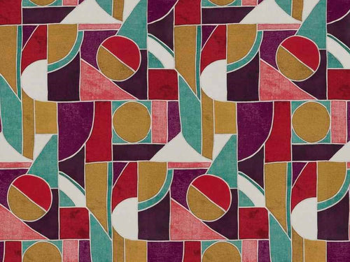 Designer Grey Plum Mustard Gold Red Green Abstract Geometric Upholstery Fabric