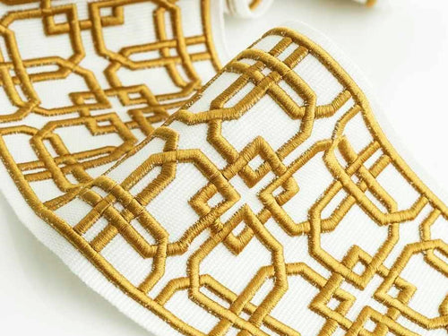 White Mustard Gold Geometric Embroidered Drapery Tape Trim
