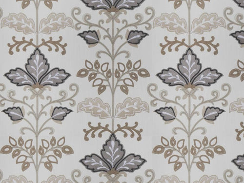 Cream Taupe Grey Embroidered Floral Upholstery Drapery Fabric