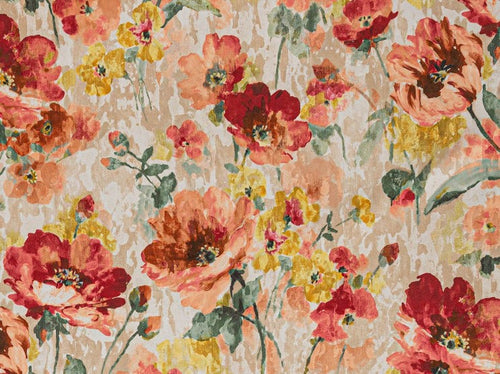 Ivory Green Coral Pink Taupe Yellow Velvety Floral Velvety Upholstery Drapery Fabric