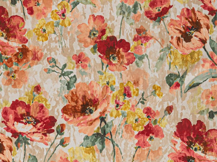 Ivory Green Coral Pink Taupe Yellow Velvety Floral Velvety Upholstery Drapery Fabric