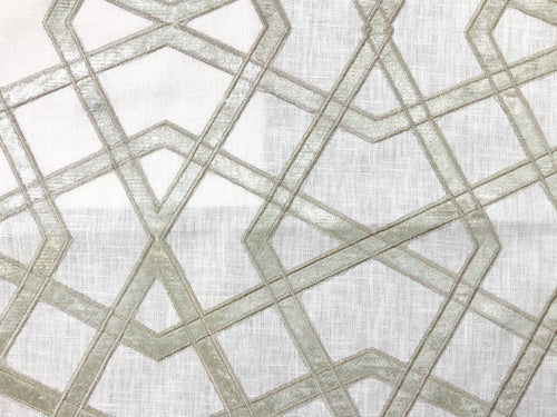 Off White Beige Taupe Velvet Tape Embroidered Abstract Geometric Drapery Fabric