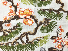 Load image into Gallery viewer, Linen Rayon Chinoiserie Floral Bird Print Aqua Blue Burnt Orange Mustard Brown Upholstery Drapery Fabric