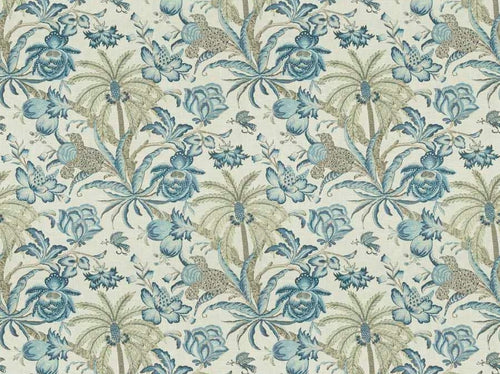 Cream Navy Blue Aqua Brown Floral Jacobean Upholstery Drapery Fabric