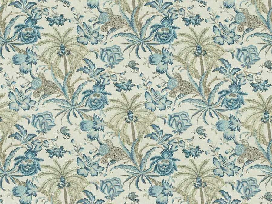 Cream Navy Blue Aqua Brown Floral Jacobean Upholstery Drapery Fabric