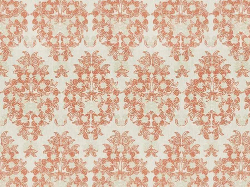 Ivory Orange Terracotta Beige Floral Medallion Linen Drapery Fabric