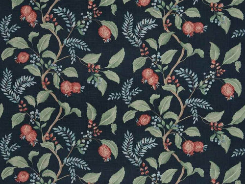 Navy Blue Green Red Floral Botanical Cotton Linen Upholstery Drapery Fabric