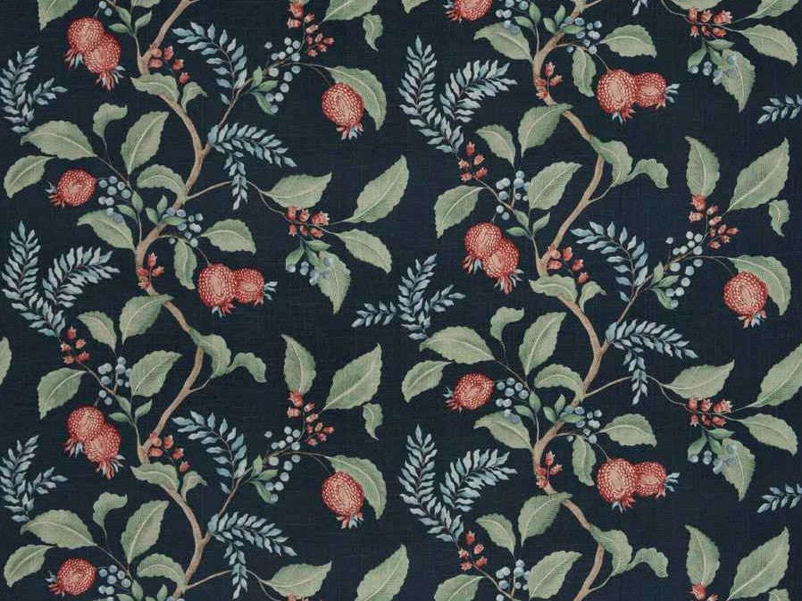 Navy Blue Green Red Floral Botanical Cotton Linen Upholstery Drapery Fabric