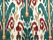Load image into Gallery viewer, 1991 Vintage Lee Jofa Pardah Cotton Linen Nylon Emerald Green Teal Rusty Red Mustard Beige Ikat Ethnic Tribal Upholstery Drapery Fabric