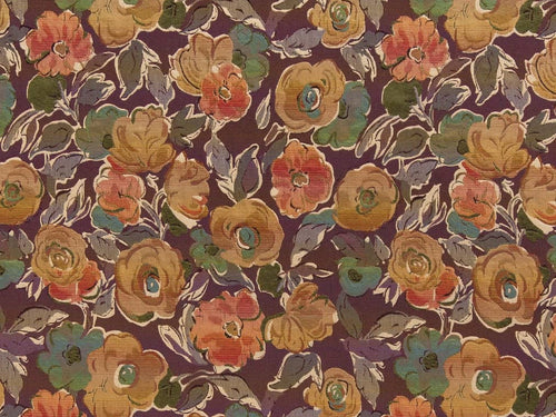 Eggplant Purple Taupe Coral Green Teal Floral Upholstery Fabric