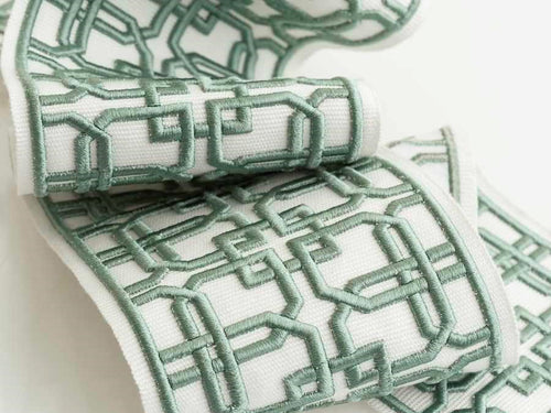 White Seafoam Aqua Geometric Embroidered Drapery Tape Trim