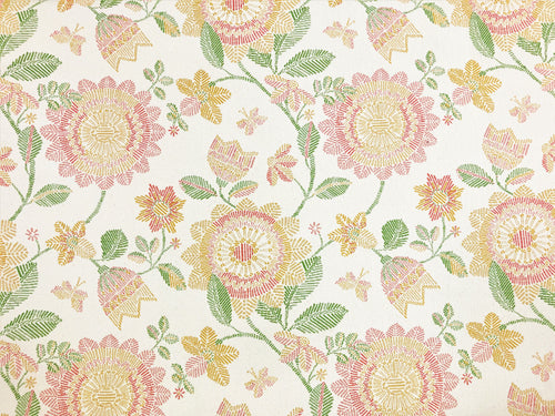 Designer Water Resistant Cream Coral Green Mustard Floral Upholstery Fabric