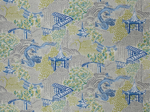 Cotton Linen Rayon Navy Blue Green Teal Grey Chinoiserie Dragon Upholstery Drapery Fabric