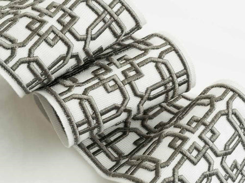 White Grey Geometric Embroidered Drapery Tape Trim