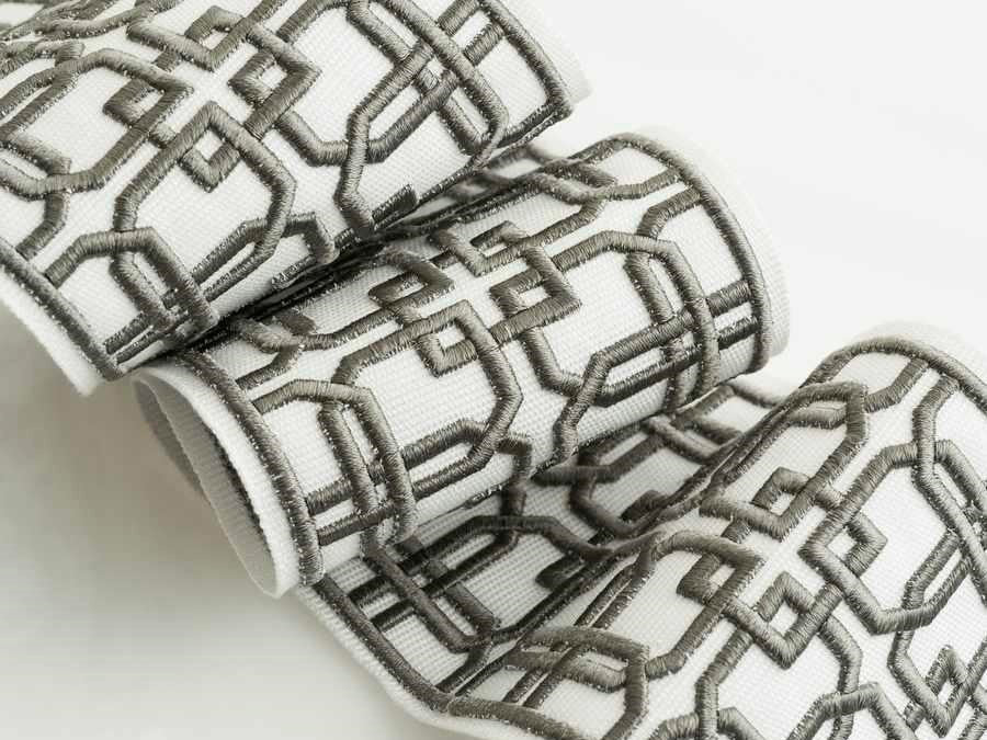 White Grey Geometric Embroidered Drapery Tape Trim