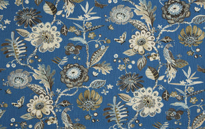 Floral Bird Print Drapery Upholstery Fabric / Cobalt