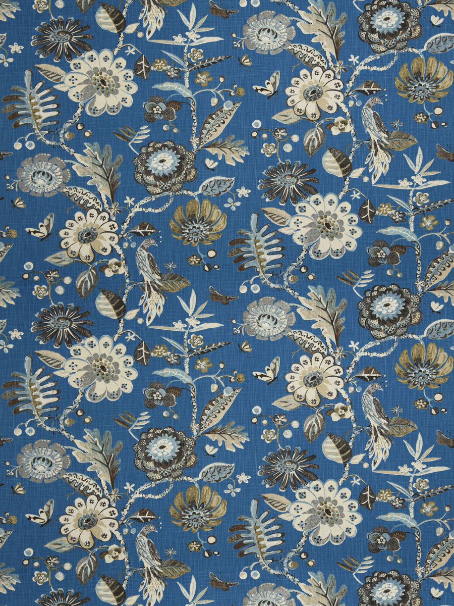 Floral Bird Print Drapery Upholstery Fabric / Cobalt