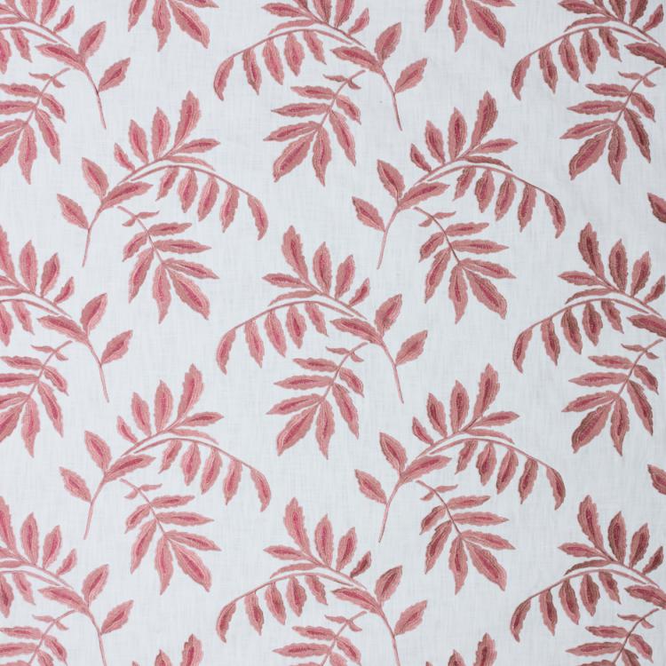 Falling Leaves White Pink Embroidered Cotton Drapery Fabric / Rose Quartz