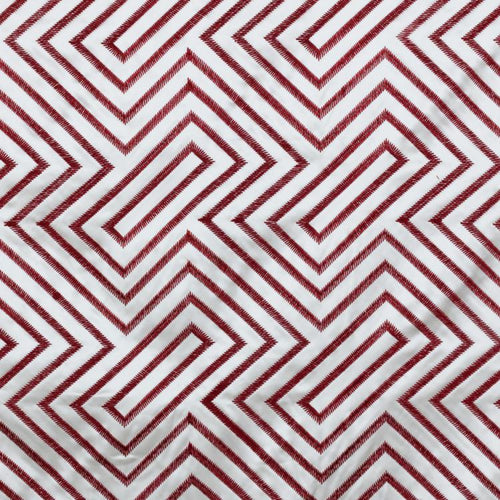 Kabuki Fret White and Red Coral Embroidered Drapery Fabric / Coral