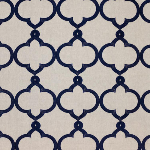 Kafu Trellis Greige Navy Blue Embroidered Drapery Upholstery Fabric / Indigo