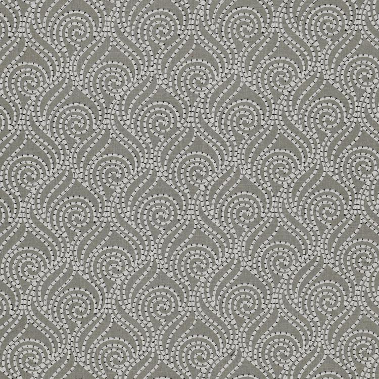 Swirl-A-Way Gray White Embroiderer Cotton Linen Blend Drapery Fabric / Flannel