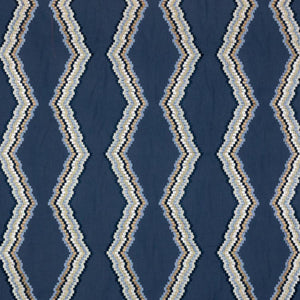 Tiberon Stripe Navy Blue White Gray Beige Geometric Embroidered Drapery Fabric / Twilight