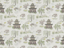 Load image into Gallery viewer, Linen Cotton Ivory Green Grey Mauve Botanical Pagoda Chinoiserie Asian Drapery Fabric