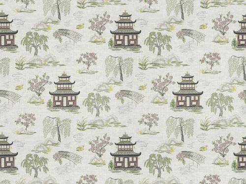 Linen Cotton Ivory Green Grey Mauve Botanical Pagoda Chinoiserie Asian Drapery Fabric