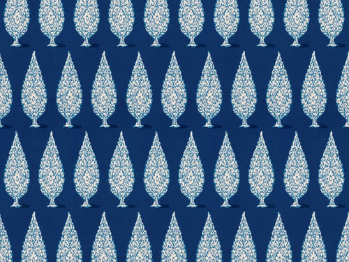 Navy Cerulean Blue White Botanical Tree Print Cotton Upholstery Drapery Fabric