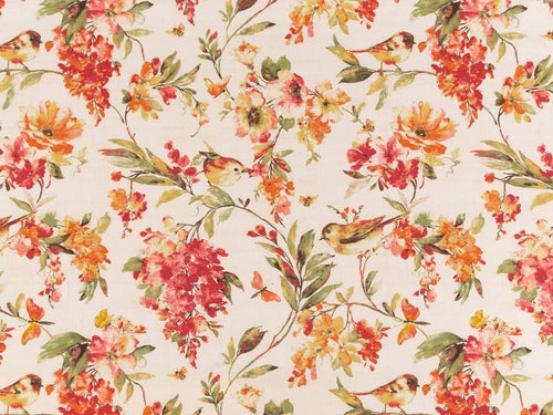 Cream Orange Green Red Bird Floral Upholstery Drapery Fabric