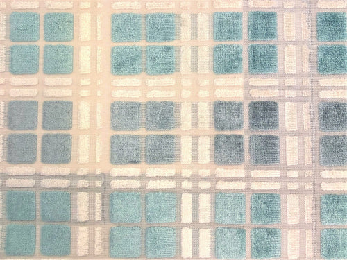 Water & Stain Resistant Seafoam Green Cream Geometric Check Cut Velvet Upholstery Fabric