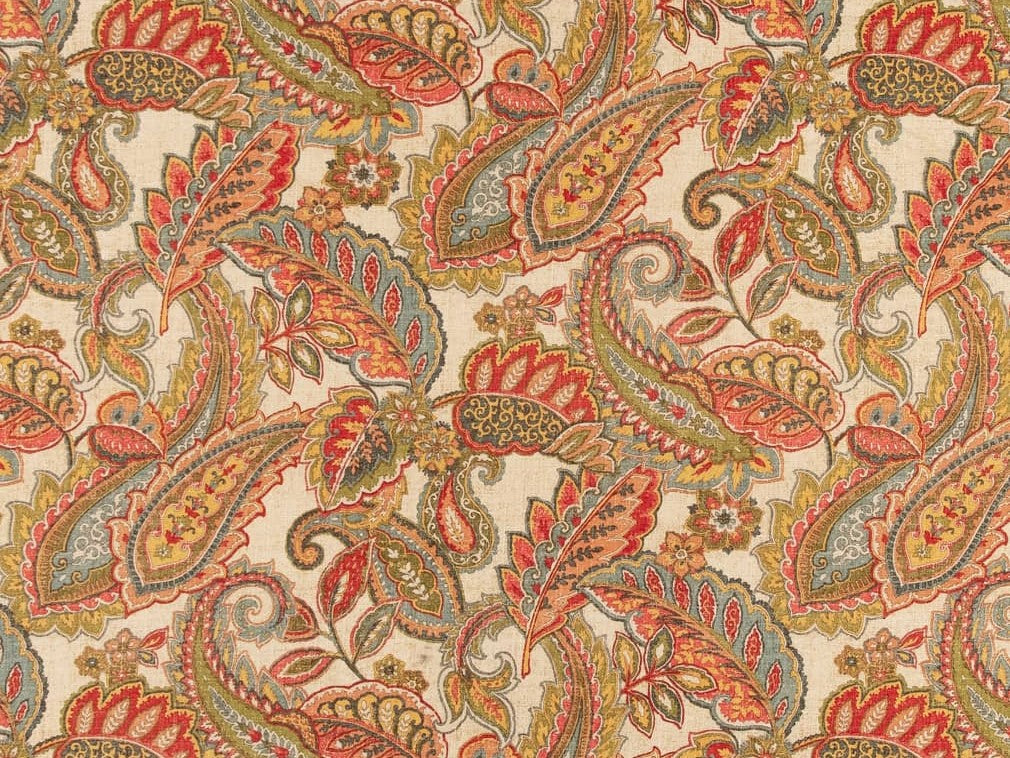 B0490D Turquoise, Red And Gold Large Paisley Print Upholstery Fabric