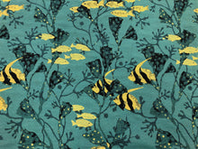 Load image into Gallery viewer, Designer Indoor Outdoor Water Resistant Tropical Coral Fish Nautical French Navy Blue Yellow Upholstery Drapery Fabric