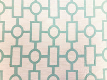Load image into Gallery viewer, Reversible Aqua Cream Ivory Geometric Trellis Chinoiserie Upholstery Drapery Fabric
