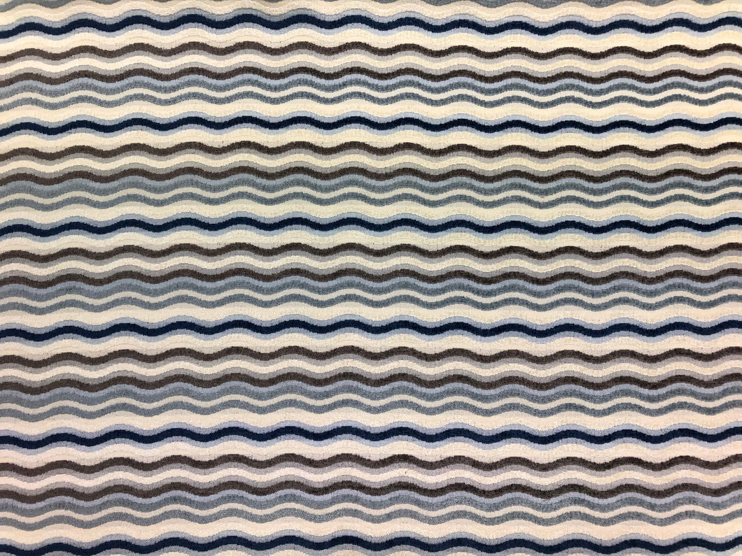 Designer Plush Textured Geometric Wave Taupe Navy Blue Cream Ivory Stripe Nautical Upholstery Drapery Fabric