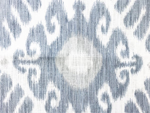 Cotton Ivory Steel Blue Grey Ethnic Ikat Upholstery Drapery Fabric