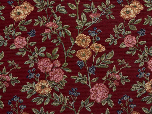 Heavy Duty Abstract Floral Tapestry Scarlet Red Cream Navy Blue Pink Green Upholstery Fabric